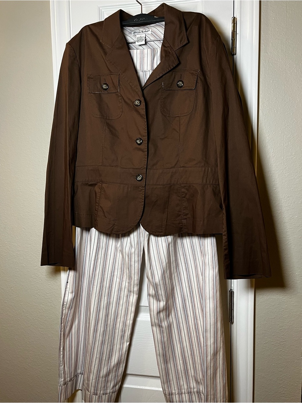 Vintage Alexandra Bartlett Brown Jacket with Cream Striped Wide-Leg Pants suit